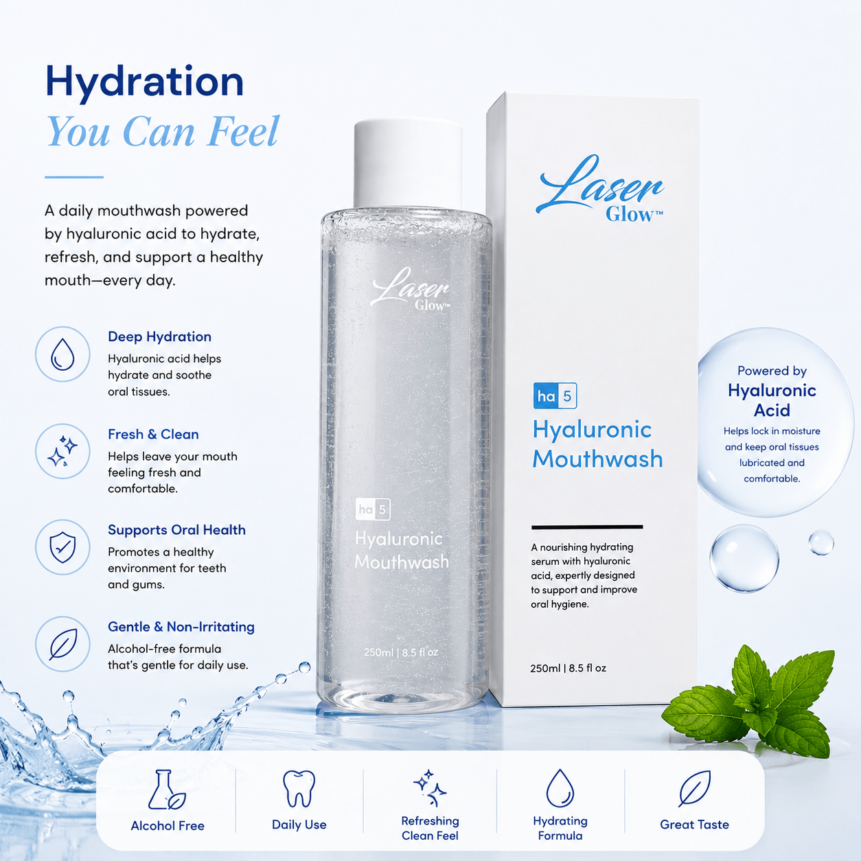 LaserGlow Hyaluronic Mouthwash product gallery image highlighting oral hydration, fresh clean feel, alcohol-free formula, and daily oral care support