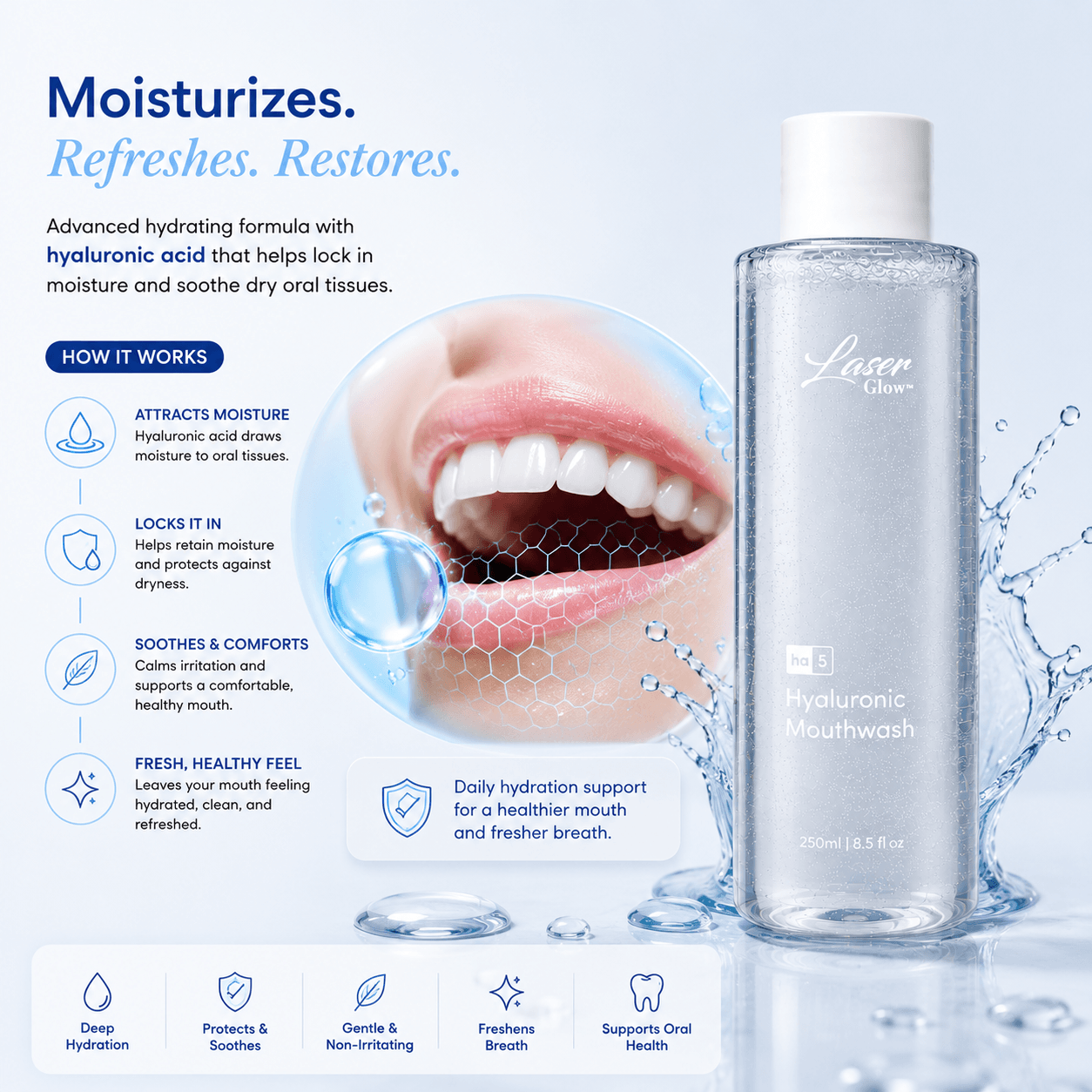 LaserGlow Hyaluronic Mouthwash gallery image showing how hyaluronic acid helps moisturize oral tissues, soothe dryness, freshen breath, and support daily oral health