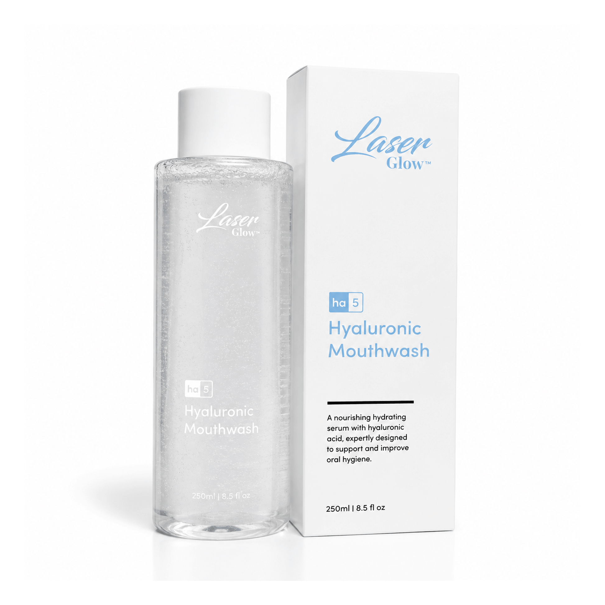 LaserGlow Hyaluronic Mouthwash bottle and box on white background for daily oral hydration and oral hygiene support