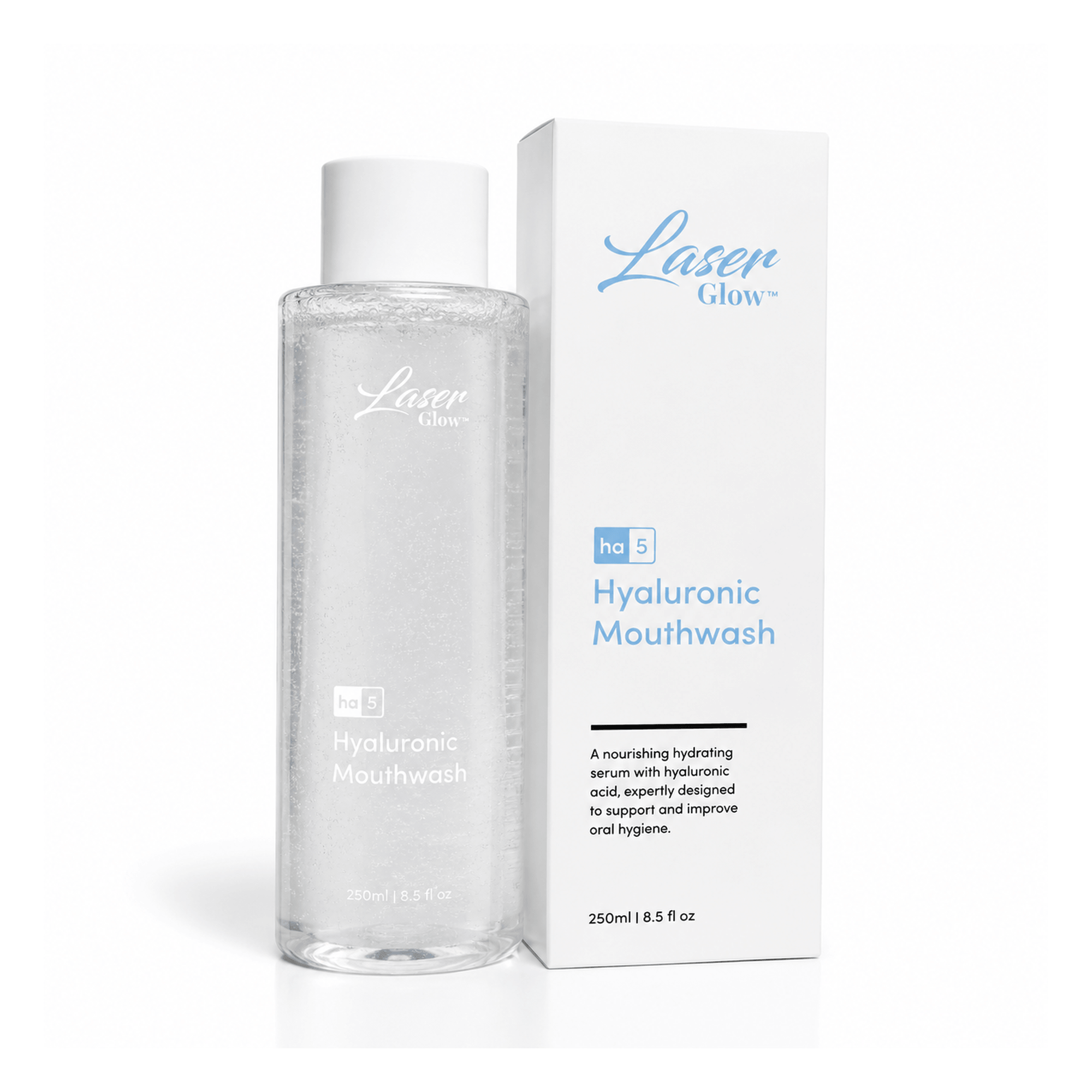 LaserGlow Hyaluronic Mouthwash bottle and box on white background for daily oral hydration and oral hygiene support
