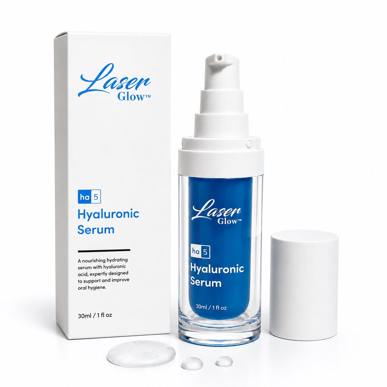 LaserGlow Hyaluronic Serum bottle and box on white background for oral hydration and daily oral care support