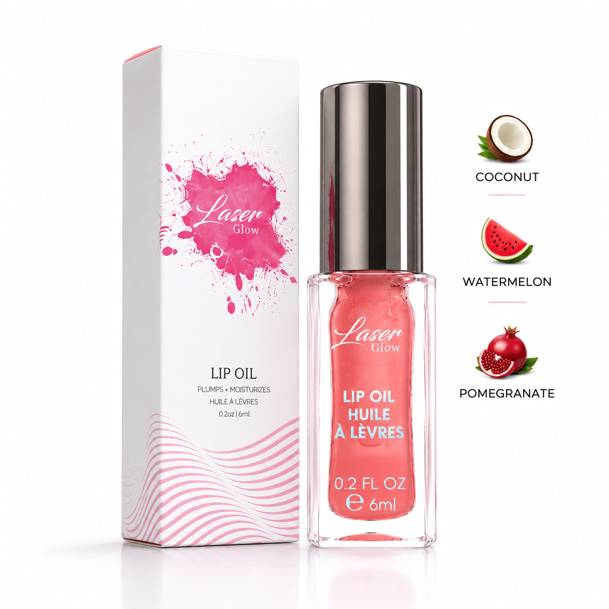 LaserGlow hydrating lip oil with glossy finish in coconut, watermelon and pomegranate flavors