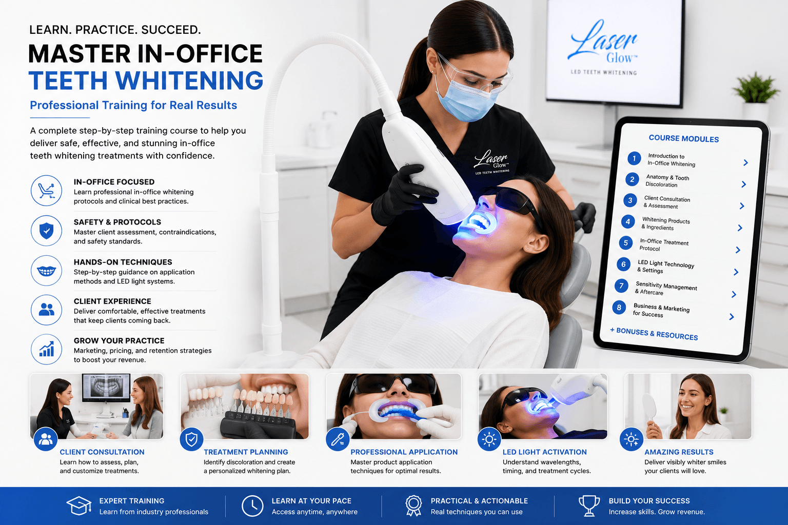 LaserGlow in-office teeth whitening training course gallery image showing professional LED whitening treatment, client consultation, treatment planning, safety protocols, and hands-on application training