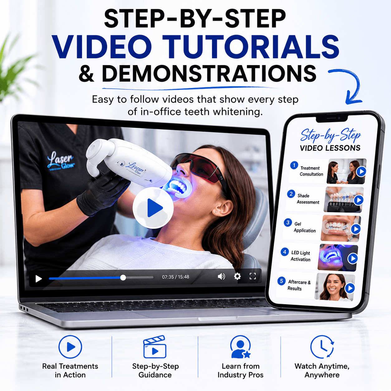 LaserGlow in-office teeth whitening video tutorials showing step-by-step treatment demonstrations, gel application, LED light activation, and aftercare lessons