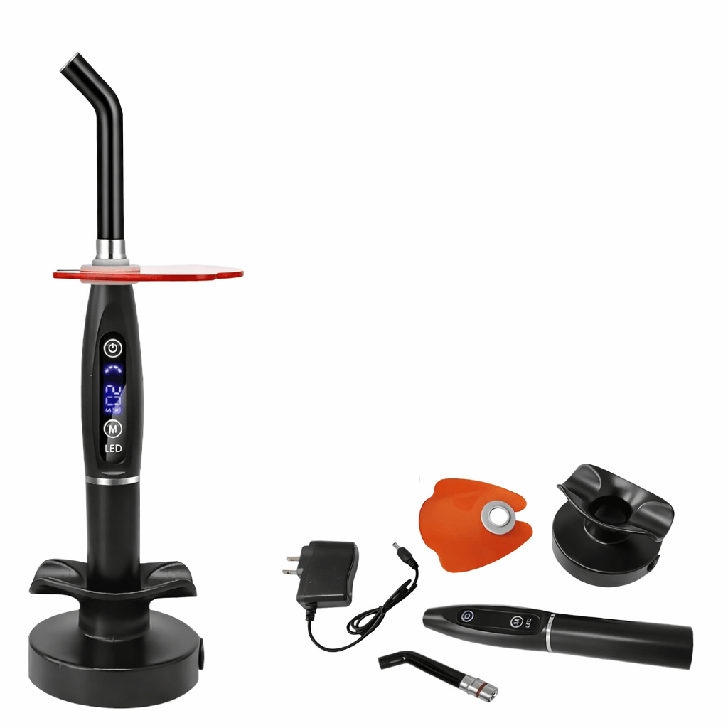 LED curing light for tooth gems and gingival barrier application with charging base and accessories