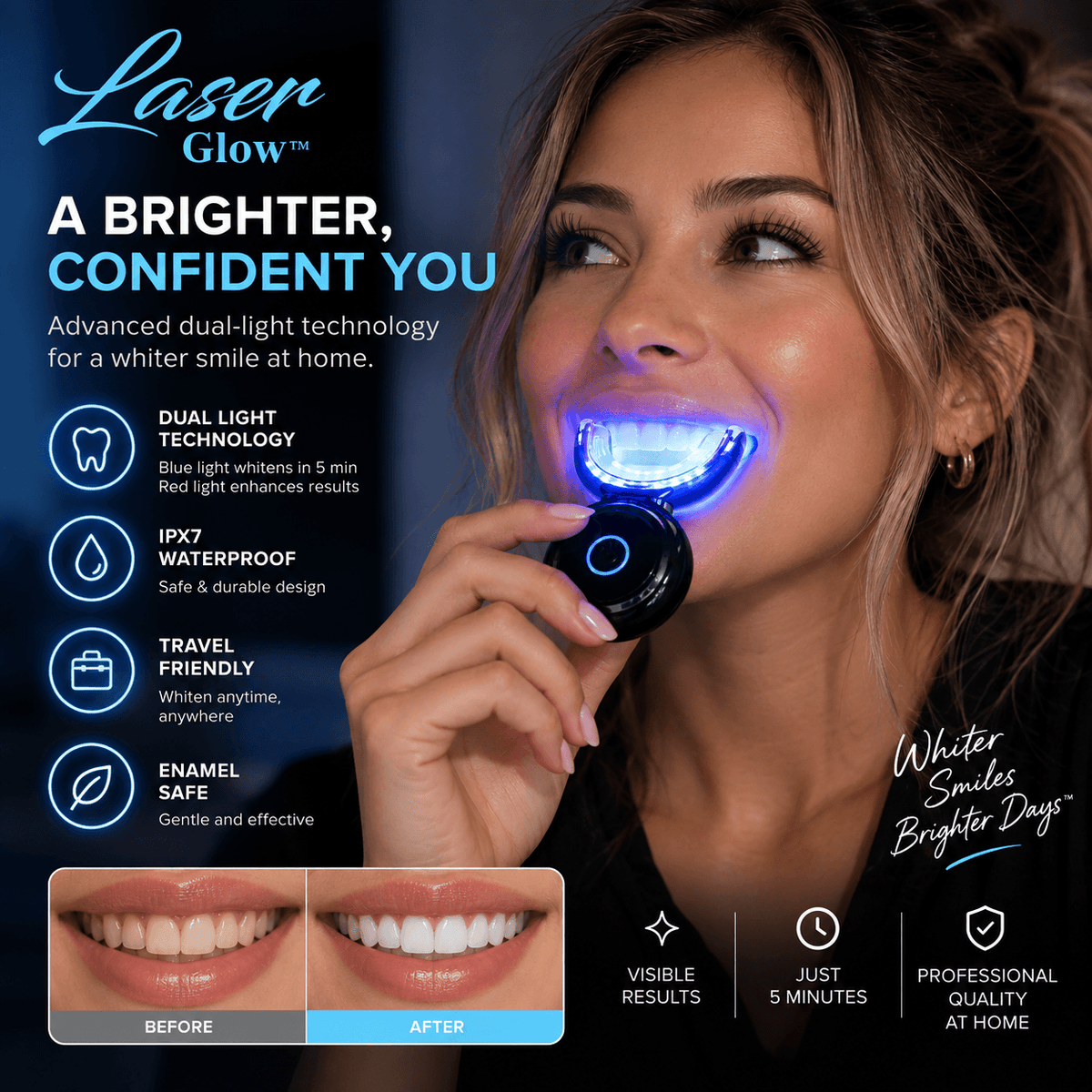 Woman using the LaserGlow LED teeth whitening kit at home with illuminated mouthpiece