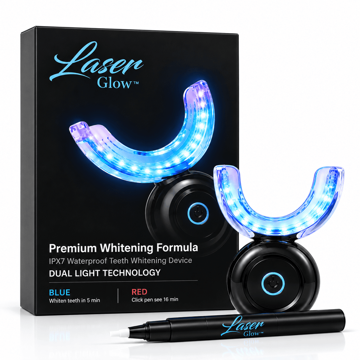 LaserGlow LED teeth whitening kit with dual-light mouthpiece and whitening pen