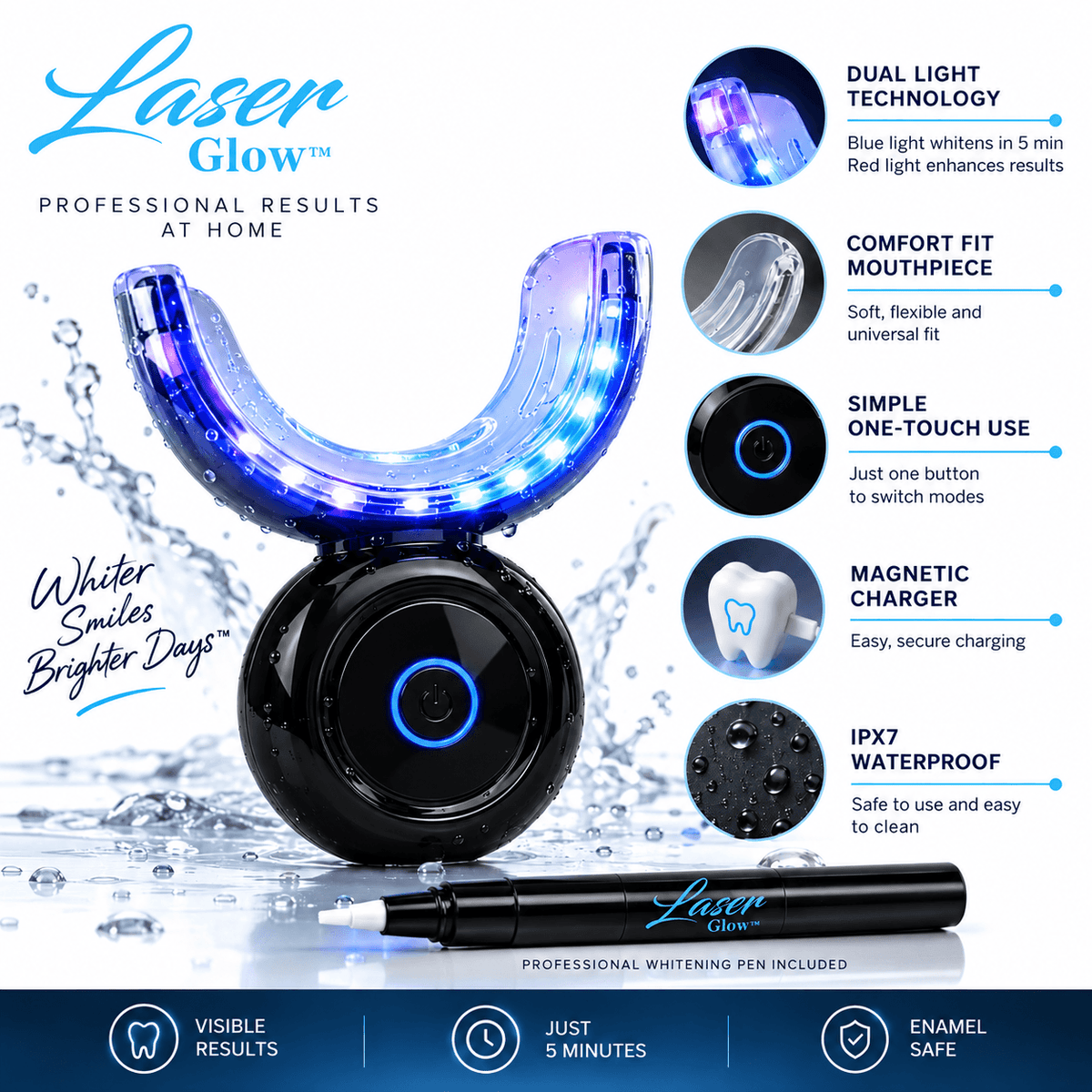 LaserGlow LED teeth whitening kit features: blue and red light, comfort-fit mouthpiece, one-touch use and magnetic charging