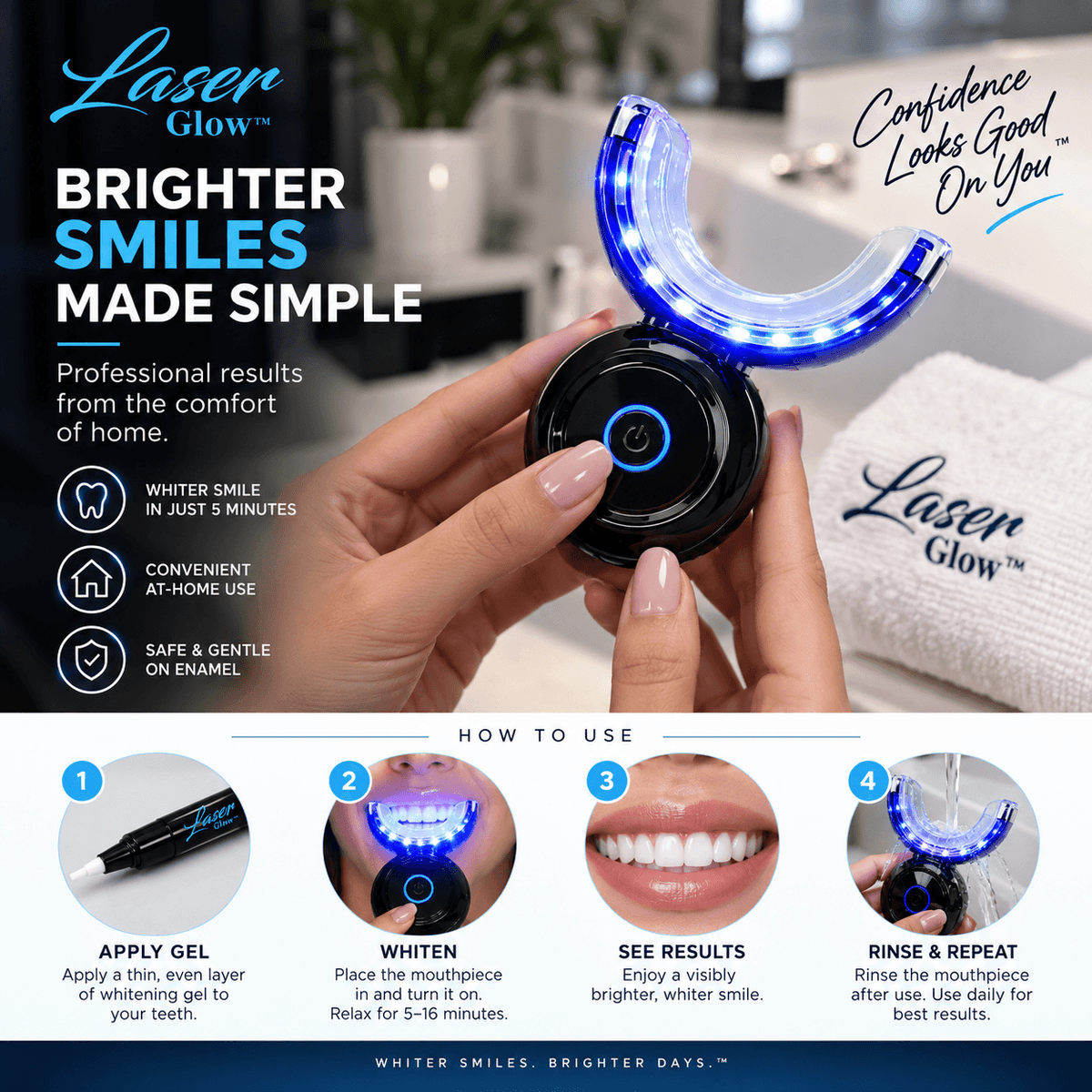 How to use the LaserGlow LED teeth whitening kit with whitening gel and LED mouthpiece