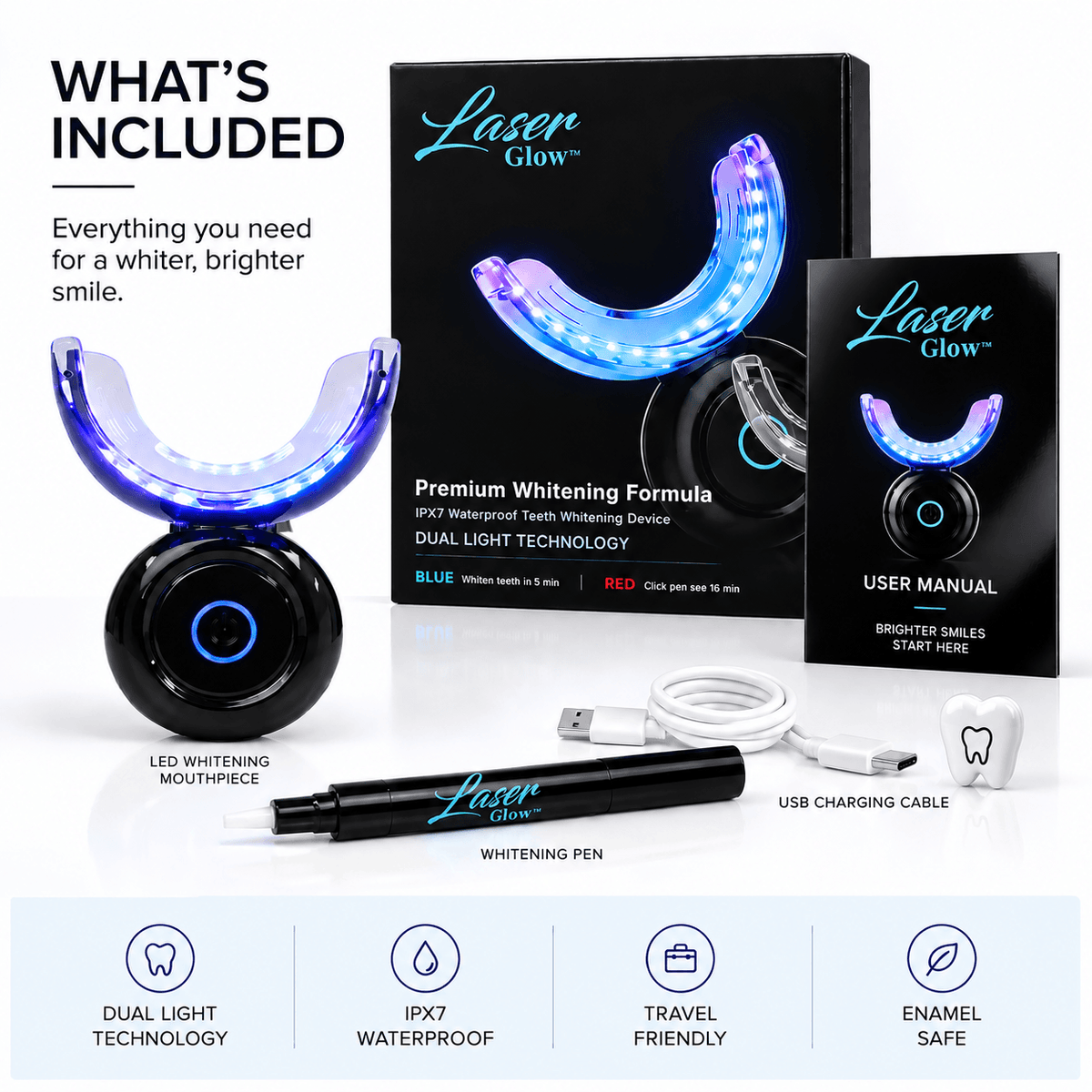 LaserGlow LED teeth whitening kit with mouthpiece, whitening pen, magnetic charger and user manual