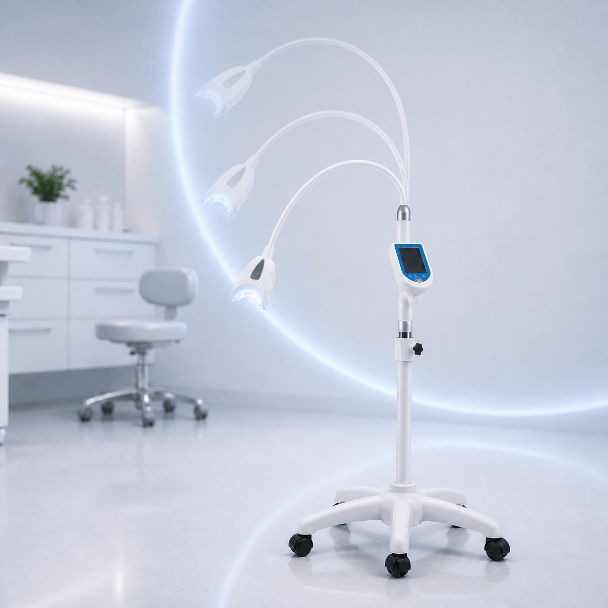 LaserGlow professional LED teeth whitening machine showing flexible gooseneck arm positioning options