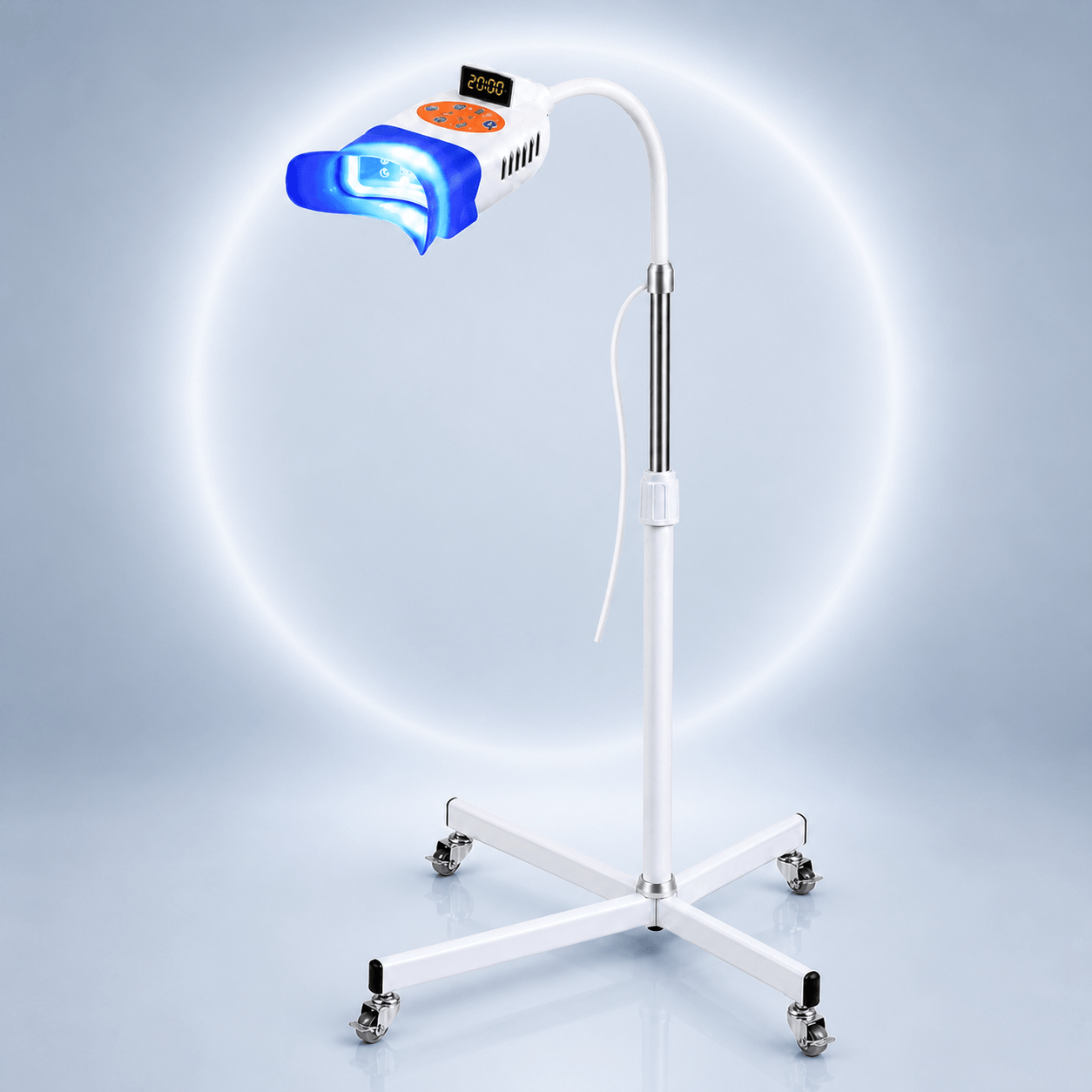 LaserGlow LED teeth whitening machine with flexible gooseneck arm, blue mouth tray and rolling stand