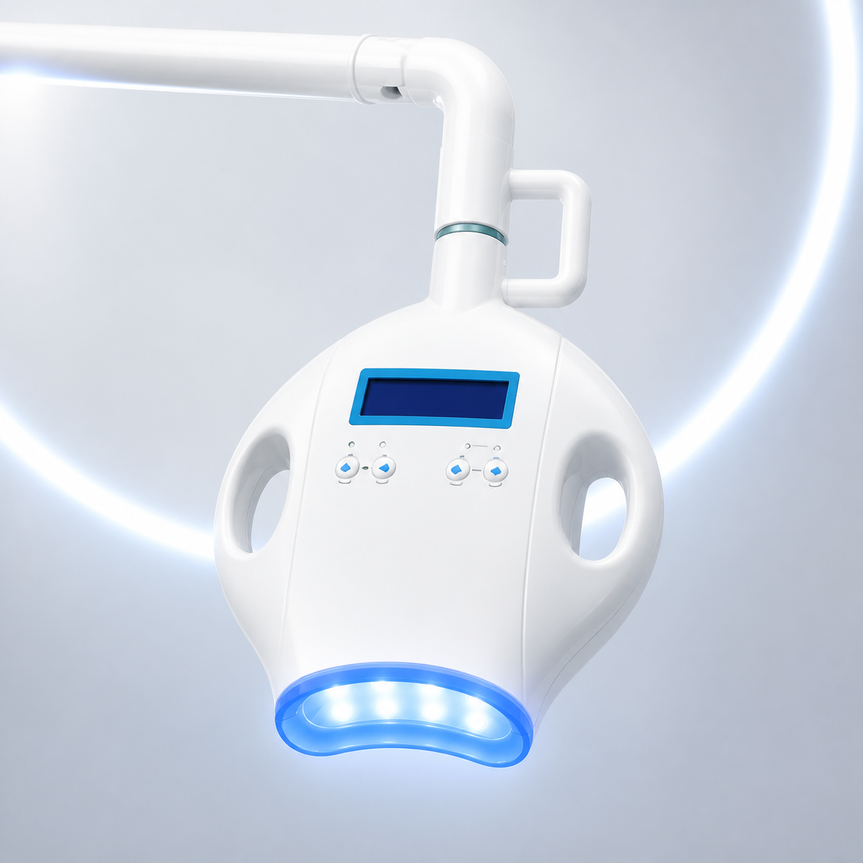 Close-up of LaserGlow LED teeth whitening lamp control head with blue LED mouth light