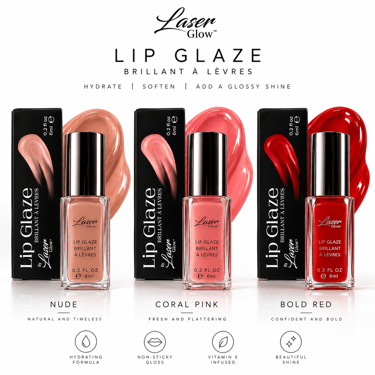 LaserGlow lip gloss in Nude, Coral Pink and Bold Red with matching boxes and glossy shade swatches