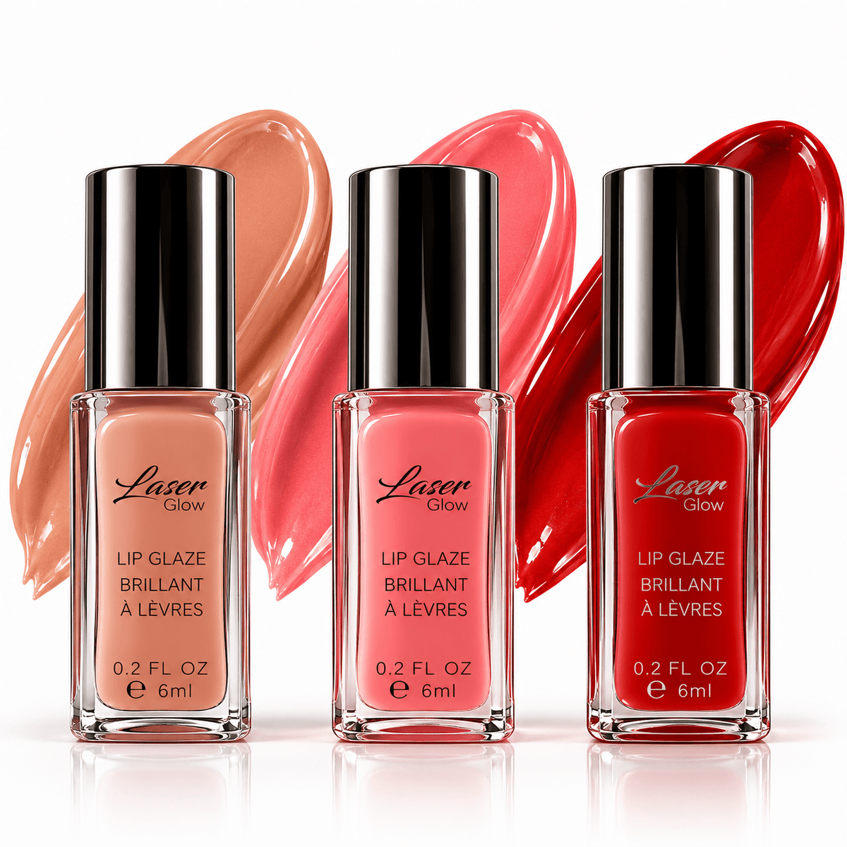 LaserGlow lip gloss in Nude, Coral Pink and Bold Red shades on a white background