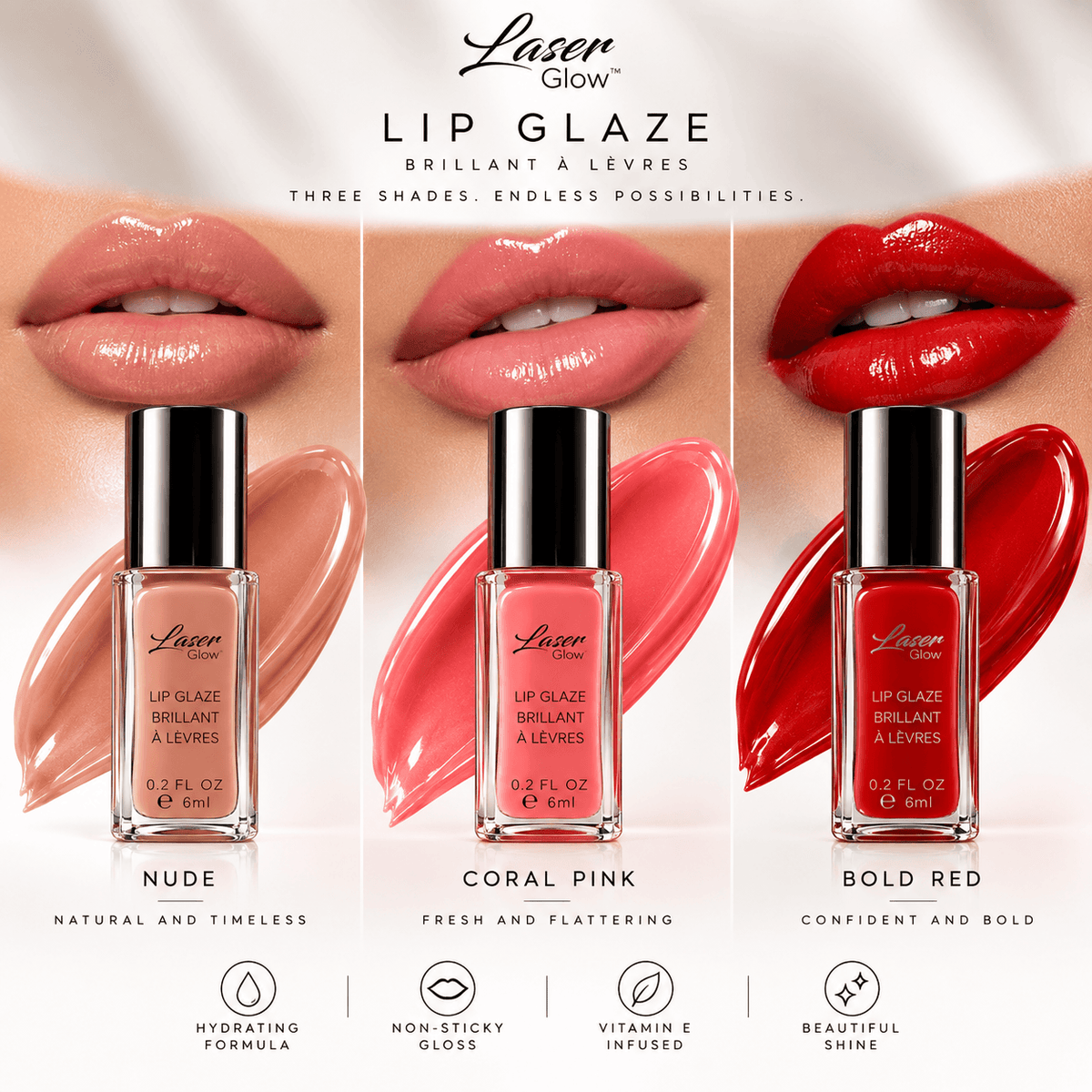 LaserGlow Lip Glaze shade overview showing Nude, Coral Pink and Bold Red lip gloss colors