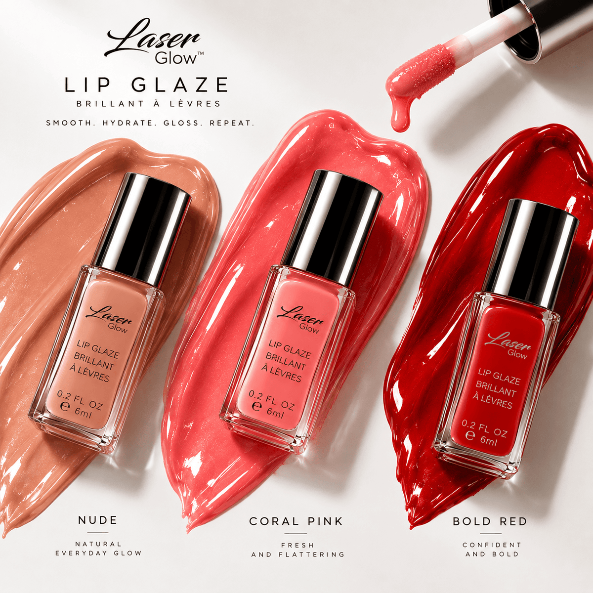LaserGlow lip gloss texture swatches in Nude, Coral Pink and Bold Red with matching Lip Glaze bottles