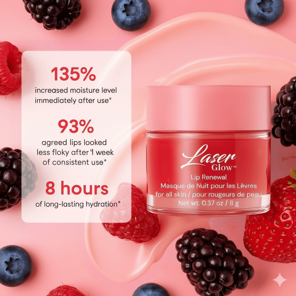 LaserGlow Hydrating Lip Mask with berries for intense moisture and all-night repair.