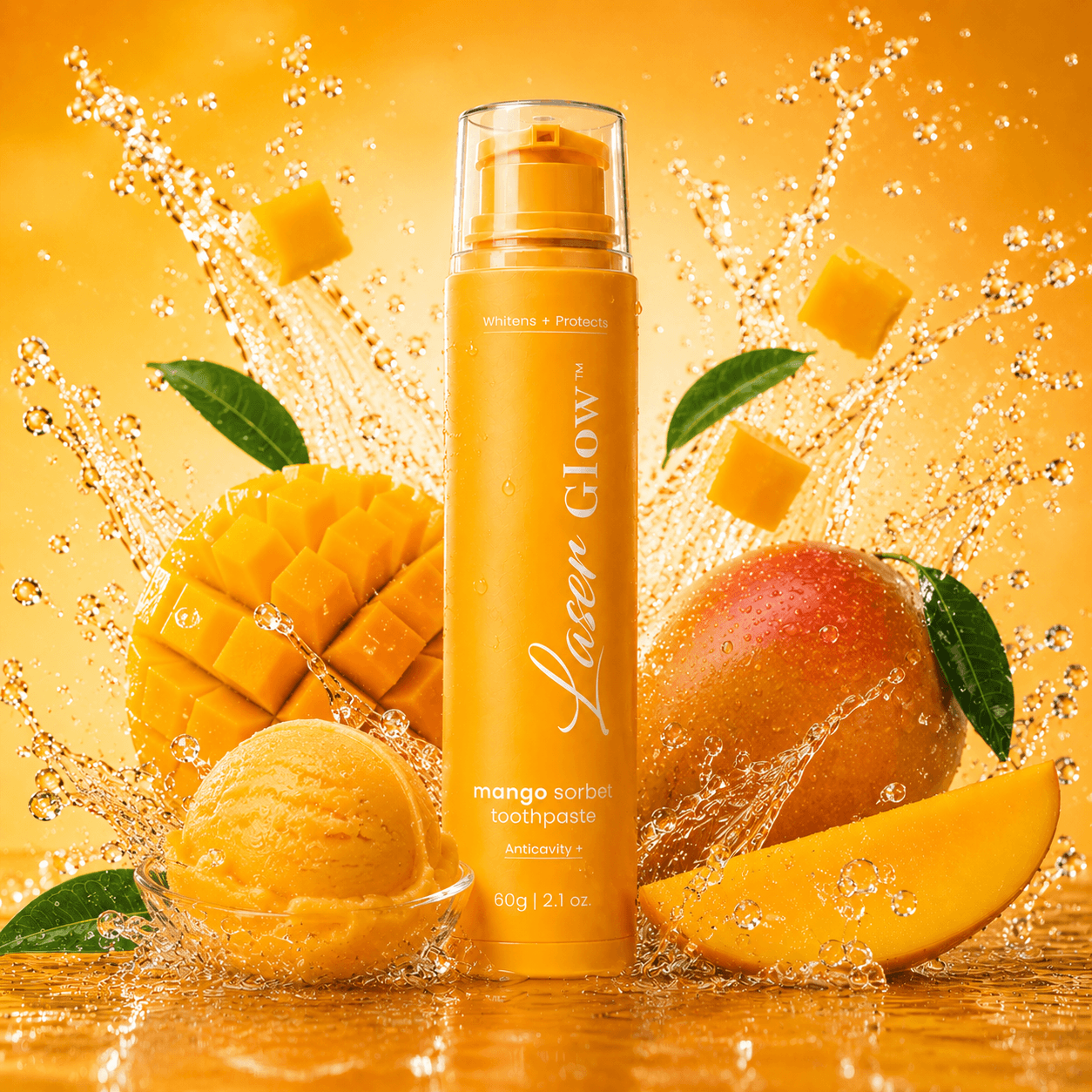LaserGlow mango sorbet toothpaste in orange packaging with mango fruit and sorbet splash product background.