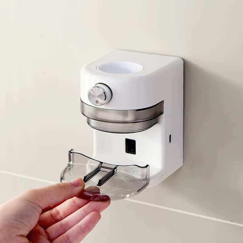 Smart toothpaste dispenser styled in a modern minimalist bathroom