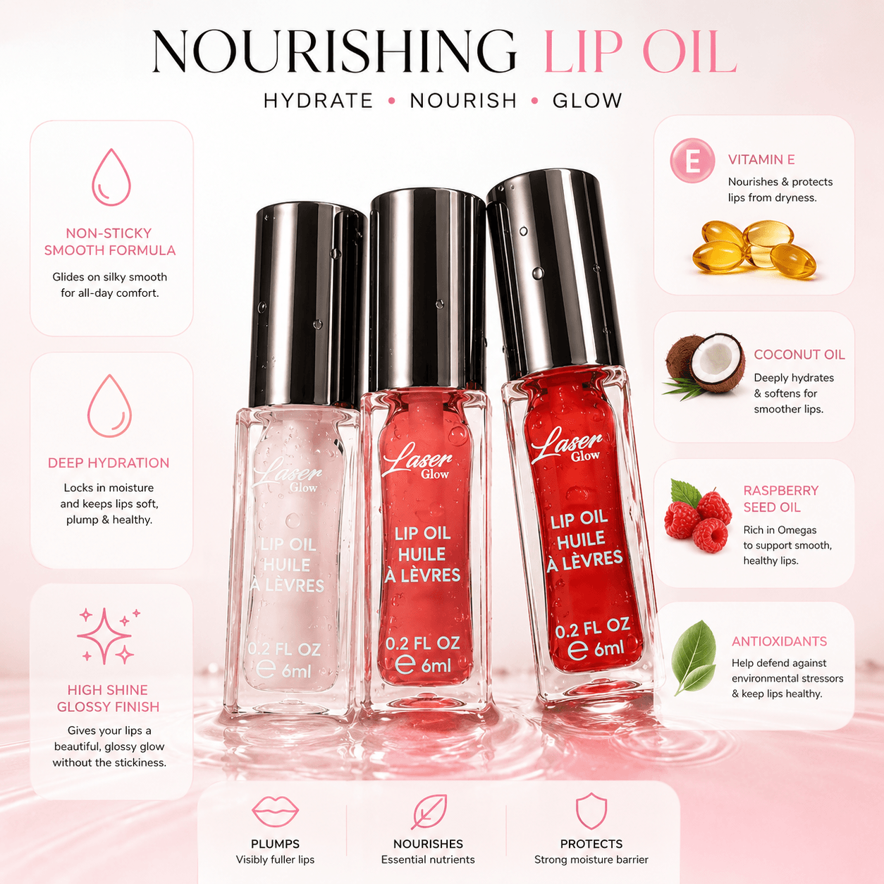 LaserGlow nourishing hydrating lip oil with Vitamin E, coconut oil, raspberry seed oil and antioxidants for smooth glossy lips