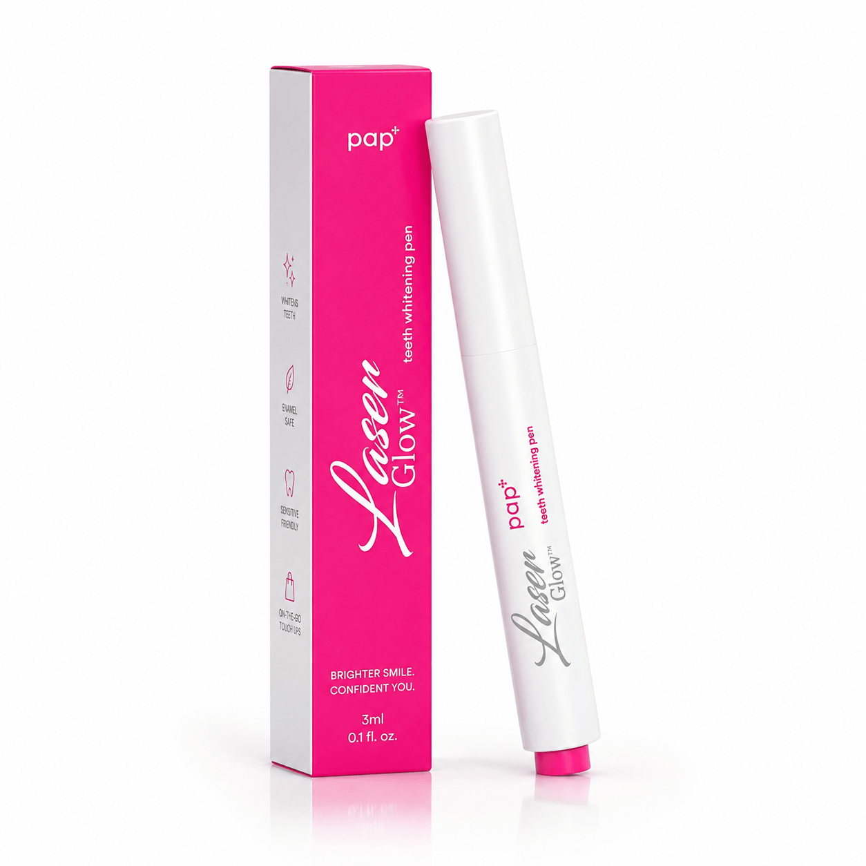 LaserGlow PAP teeth whitening pen with peroxide-free whitening formula, portable brush applicator, enamel-safe design, and pink product box