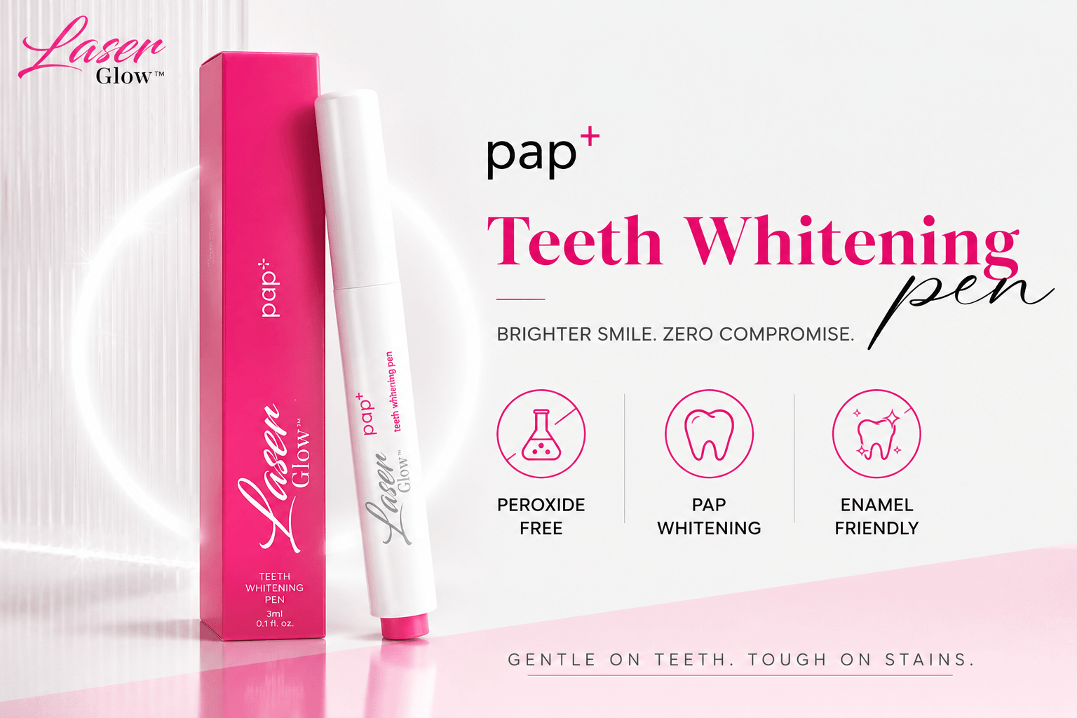LaserGlow PAP teeth whitening pen gallery image with peroxide-free whitening formula, enamel-friendly design, portable applicator, and pink product box