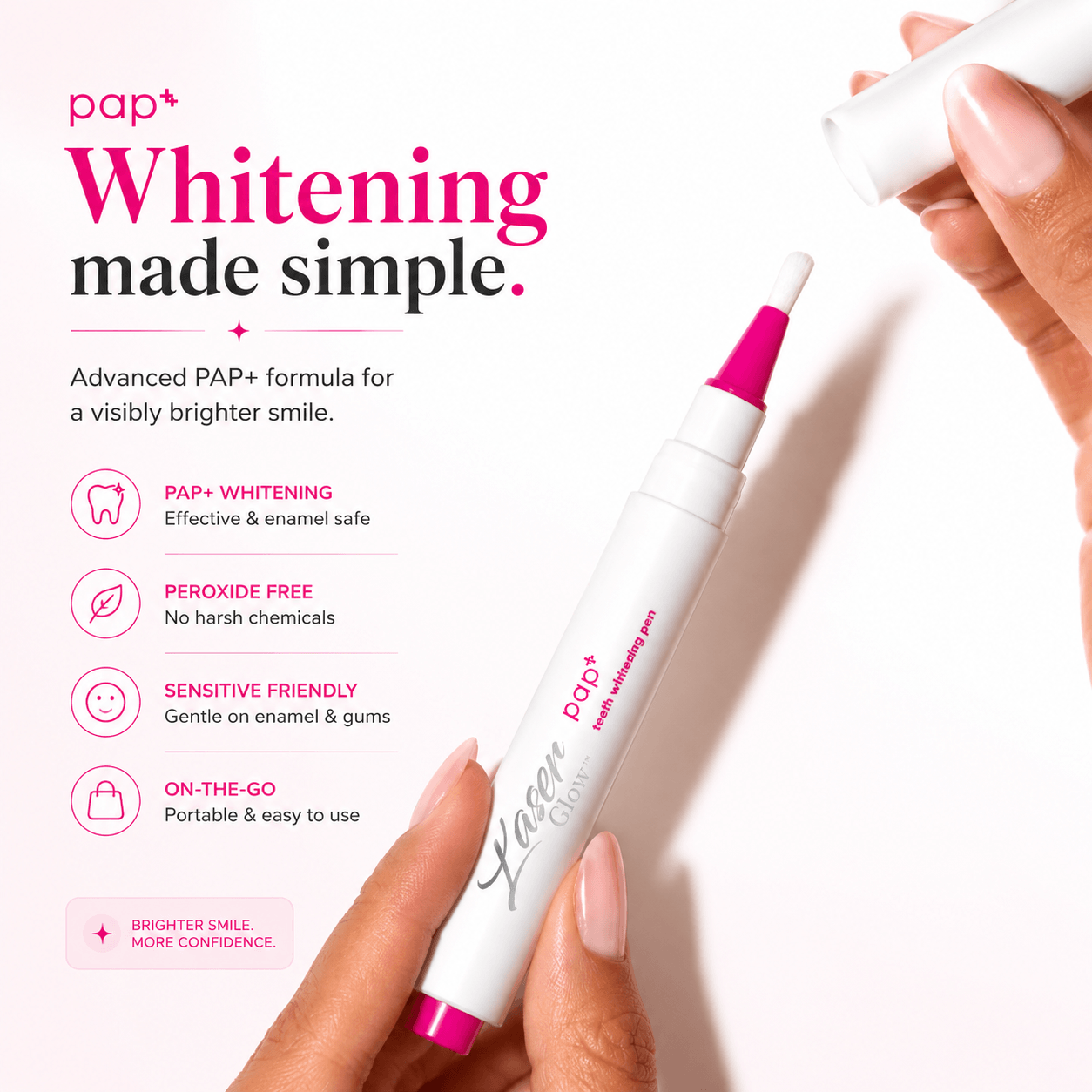 LaserGlow PAP teeth whitening pen gallery image showing brush applicator, peroxide-free formula, sensitive-friendly whitening, and portable on-the-go use