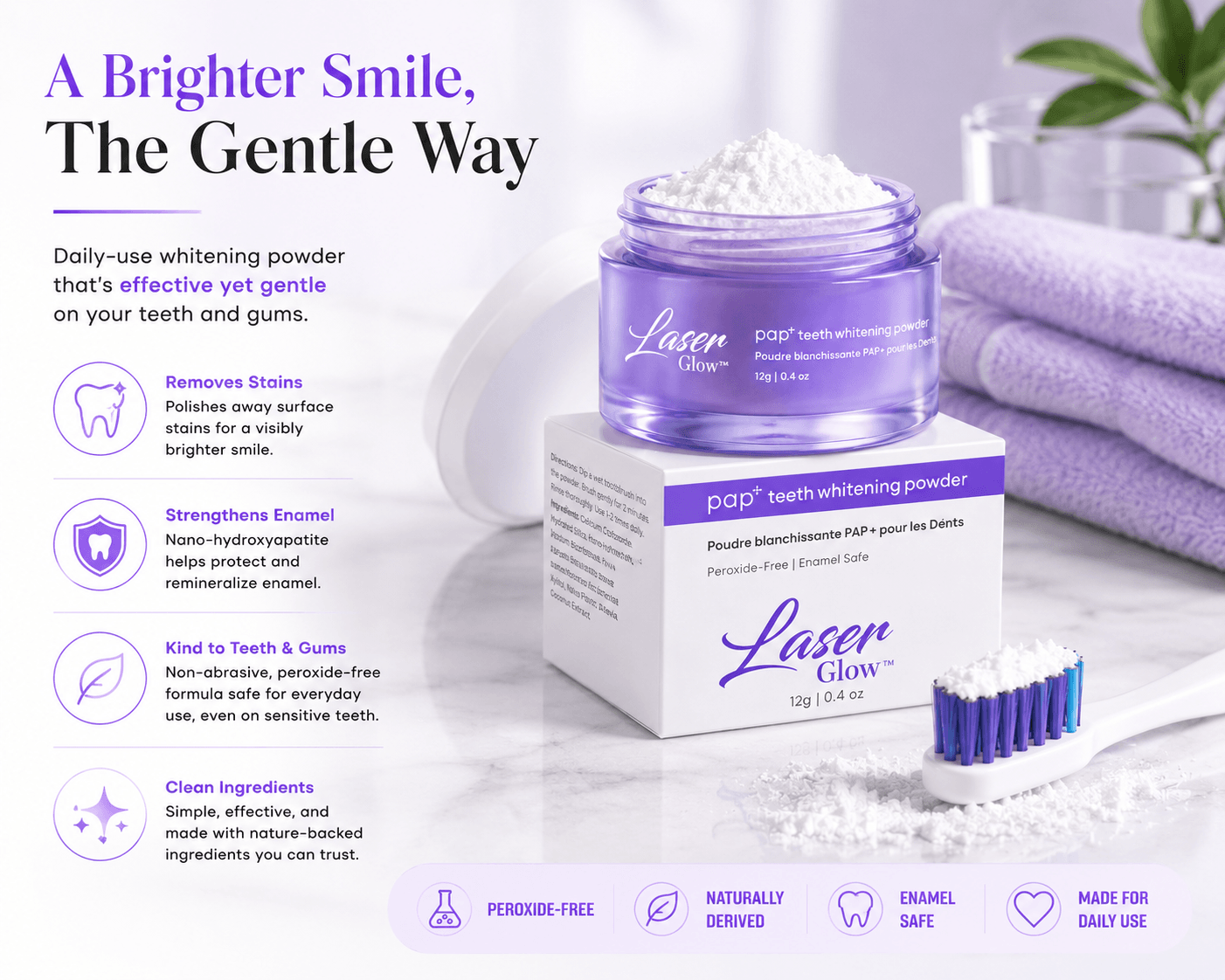 LaserGlow PAP teeth whitening powder with open jar, toothbrush, peroxide-free formula, nano-hydroxyapatite enamel support, and daily stain removal benefits