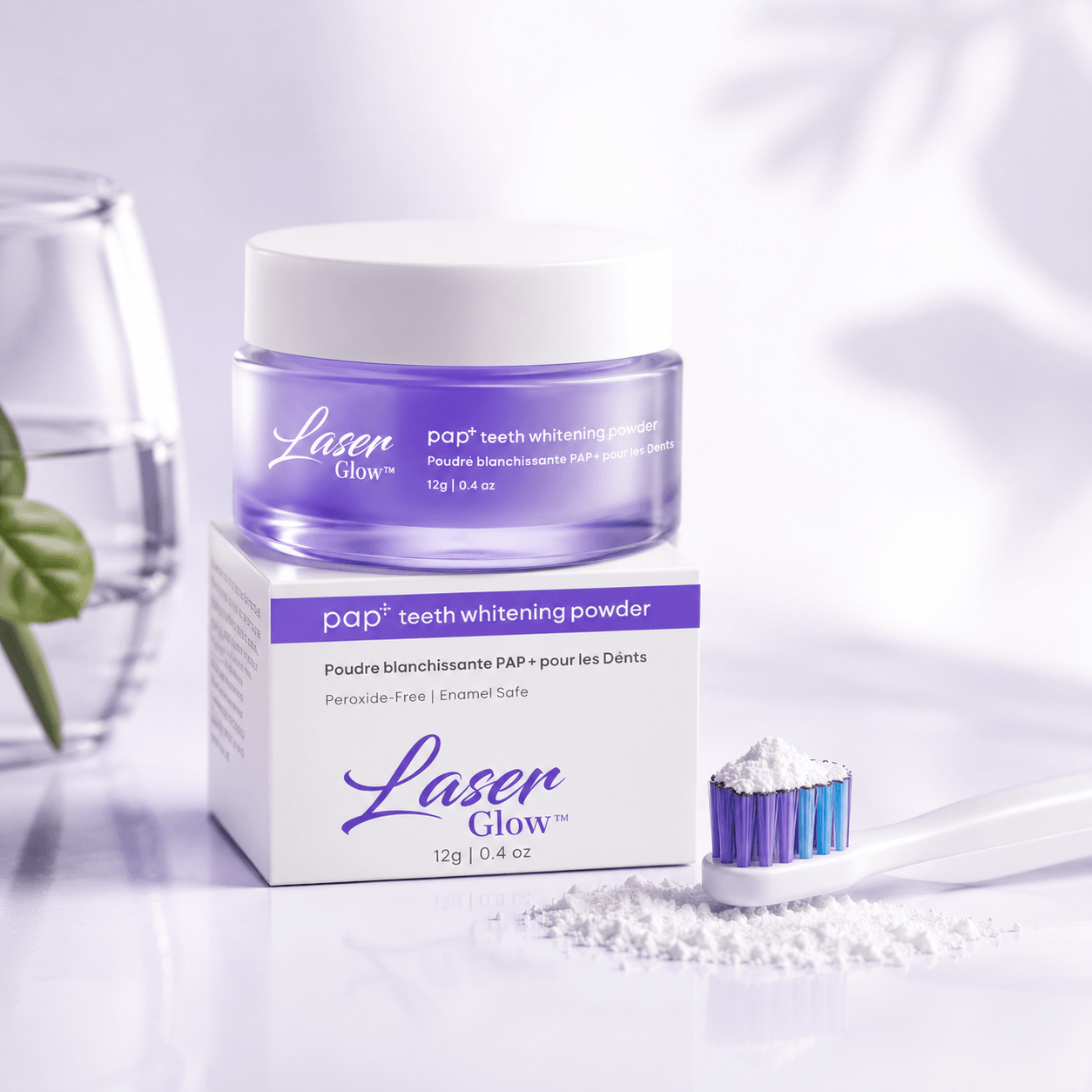 LaserGlow PAP teeth whitening powder with peroxide-free enamel-safe whitening formula, jar, box, and toothbrush for daily stain removal
