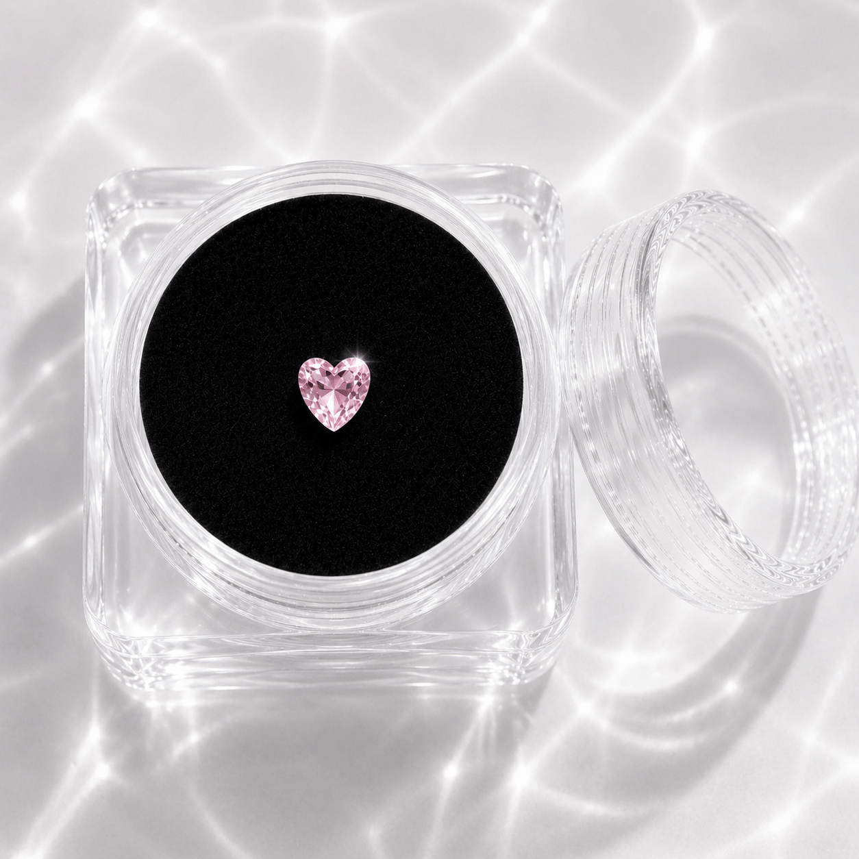 LaserGlow pink heart tooth gem in acrylic display case with black velvet insert, small flat-back crystal for tooth jewelry placement