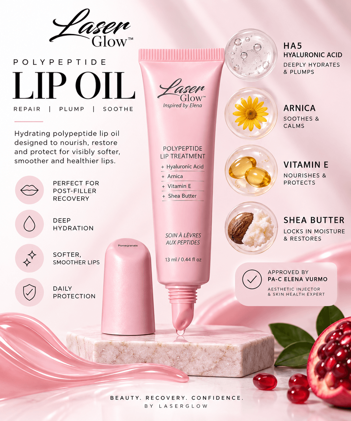 LaserGlow polypeptide lip oil with HA5 Hyaluronic Acid, Arnica, Vitamin E and Shea Butter for hydrating lip care