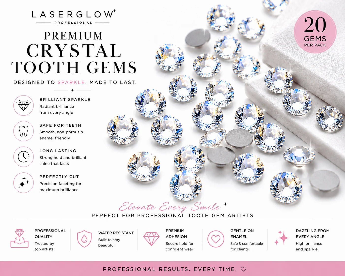 LaserGlow premium crystal tooth gems 20-pack with reflective sparkle and professional product benefits.