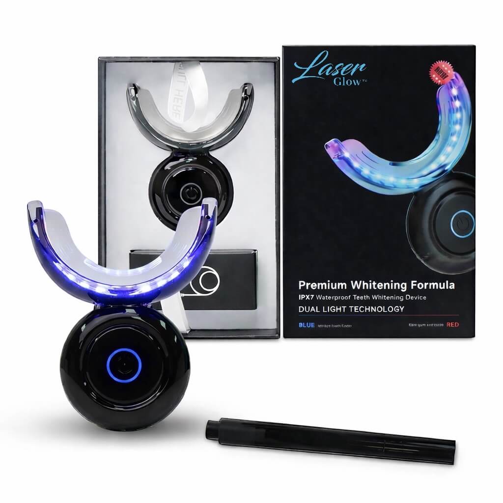 Alt text: LaserGlow premium teeth whitening kit with LED whitening device, whitening pen, and rich black product box