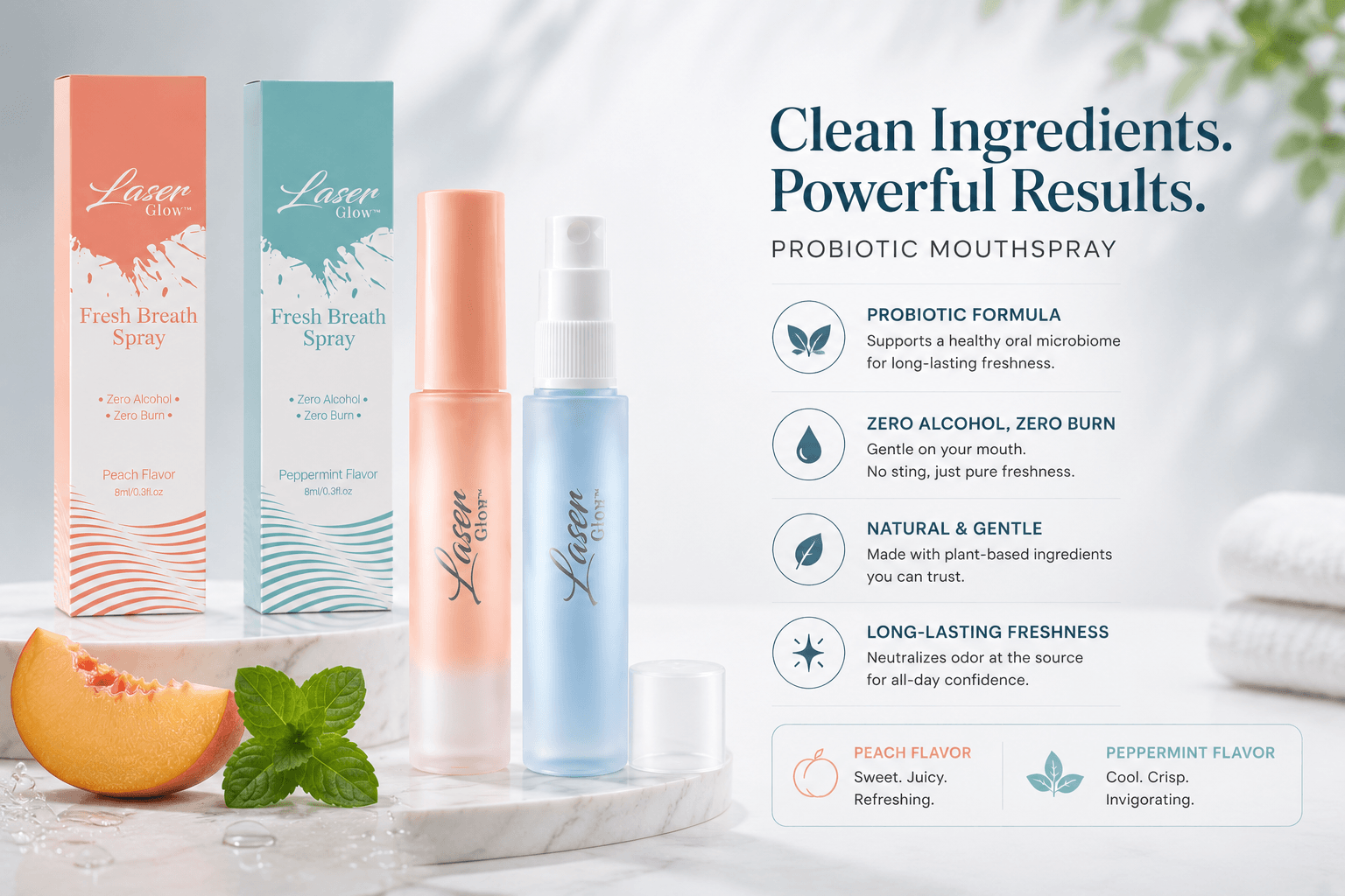 LaserGlow probiotic mouth spray in peach and peppermint flavors with clean ingredients, zero alcohol, zero burn formula, and long-lasting fresh breath benefits