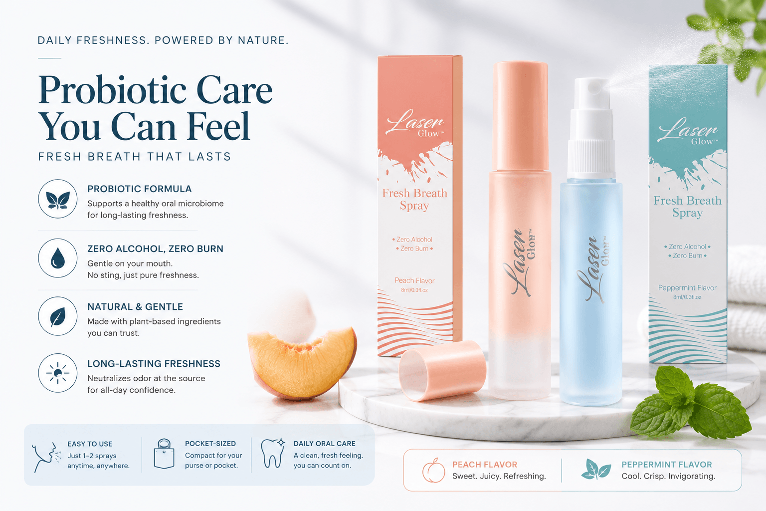 LaserGlow probiotic mouth spray in peach and peppermint flavors with zero alcohol, zero burn formula, natural gentle ingredients, and long-lasting fresh breath benefits