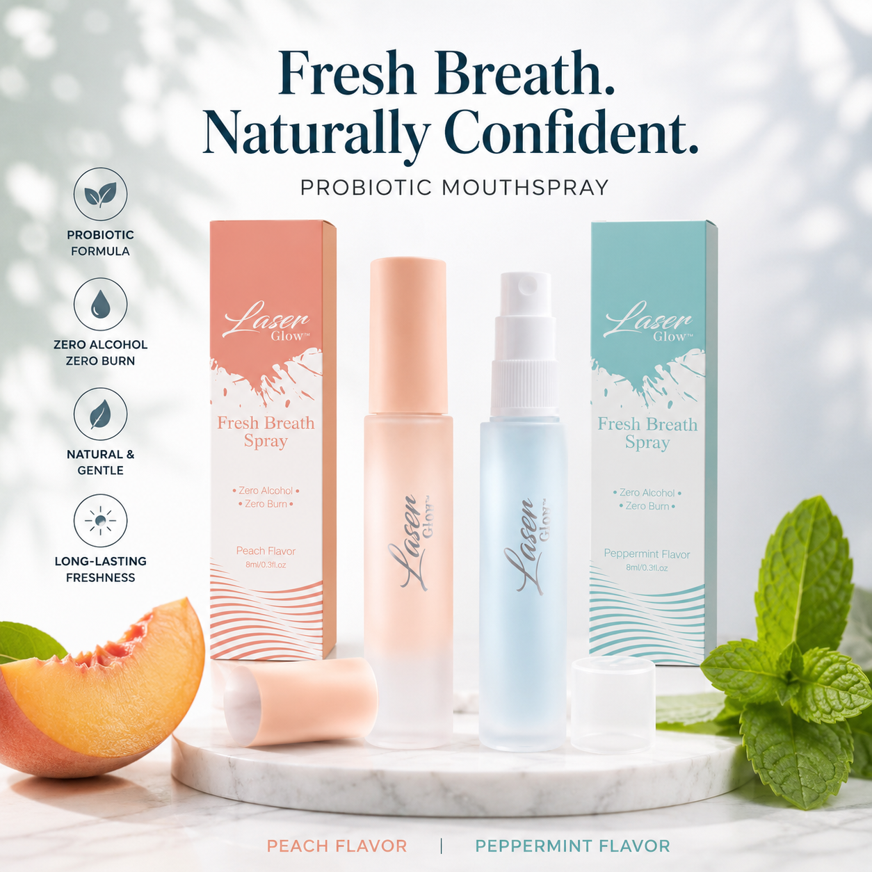 LaserGlow probiotic mouth spray in peach and peppermint flavors with zero alcohol, zero burn formula for fresh breath and daily oral care