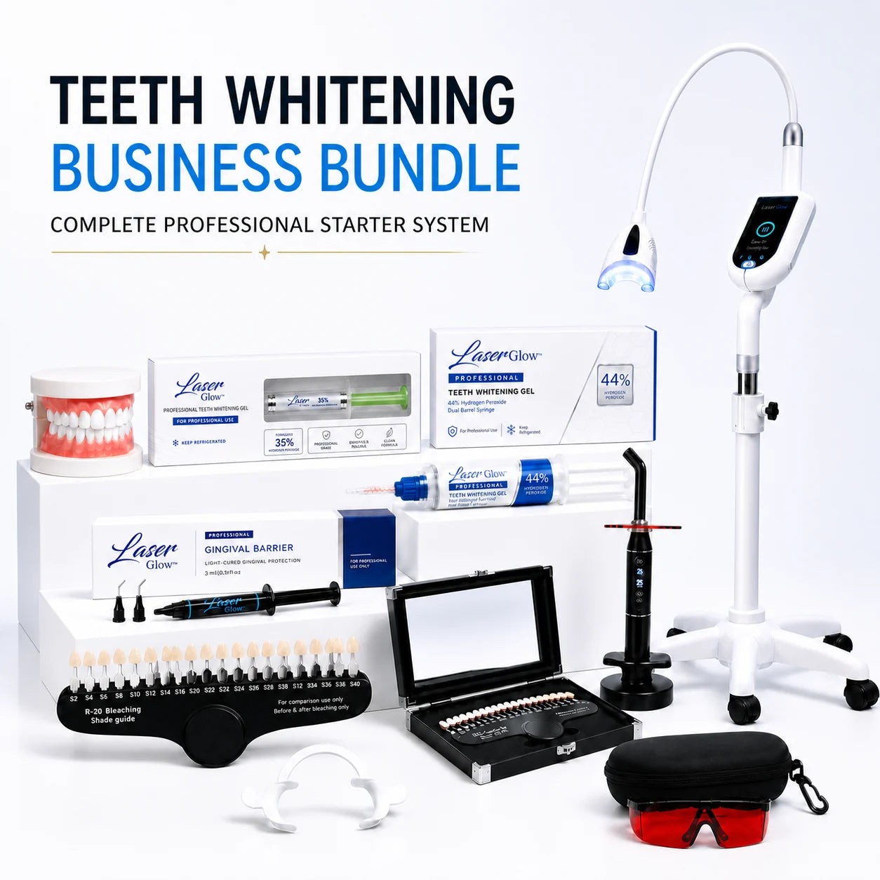 LaserGlow professional teeth whitening business bundle with LED machine, peroxide gels and treatment accessories