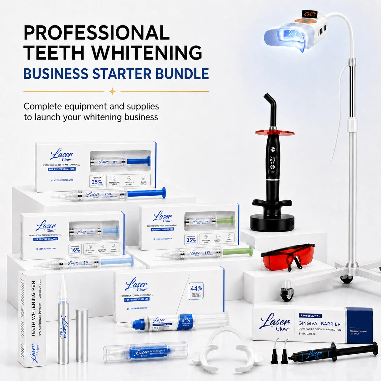 Professional teeth whitening starter kit with LED machine, treatment gels and supplies for estheticians and med spas