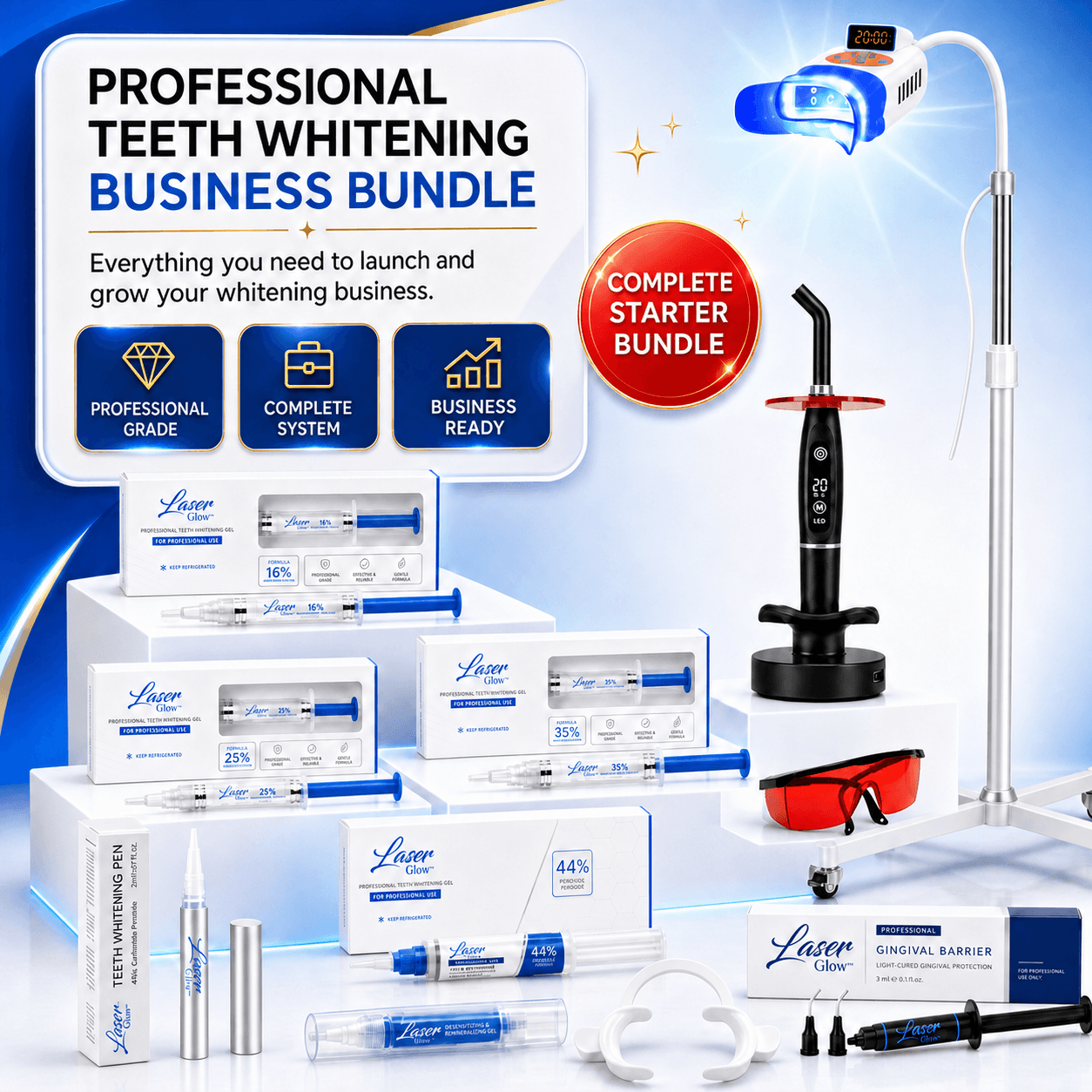 LaserGlow professional teeth whitening business bundle with LED whitening machine, peroxide gels, black curing light, red protective goggles and accessories.