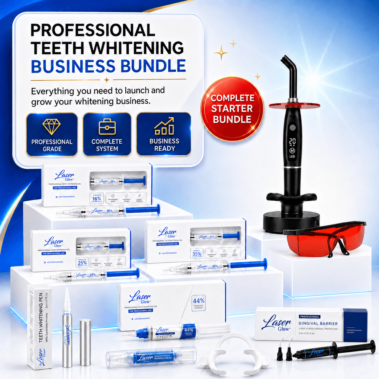 LaserGlow professional teeth whitening starter kit with peroxide gels, black curing light, red protective goggles, whitening pens and gingival barrier.