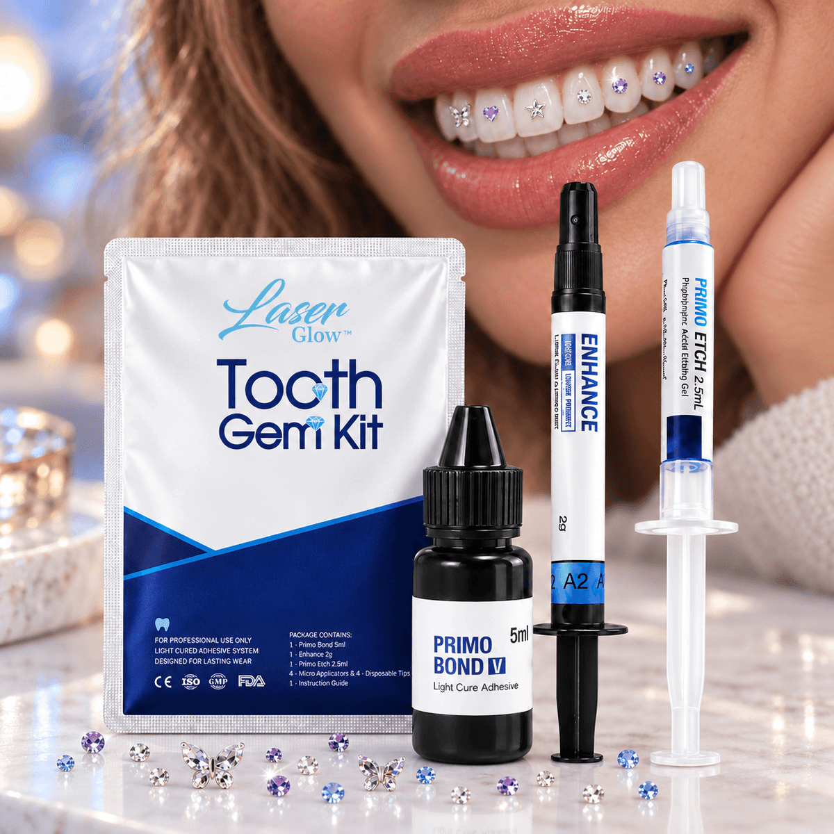 LaserGlow professional tooth gem application kit with light-cure adhesive, primer, etching gel syringe and micro applicator tips.
