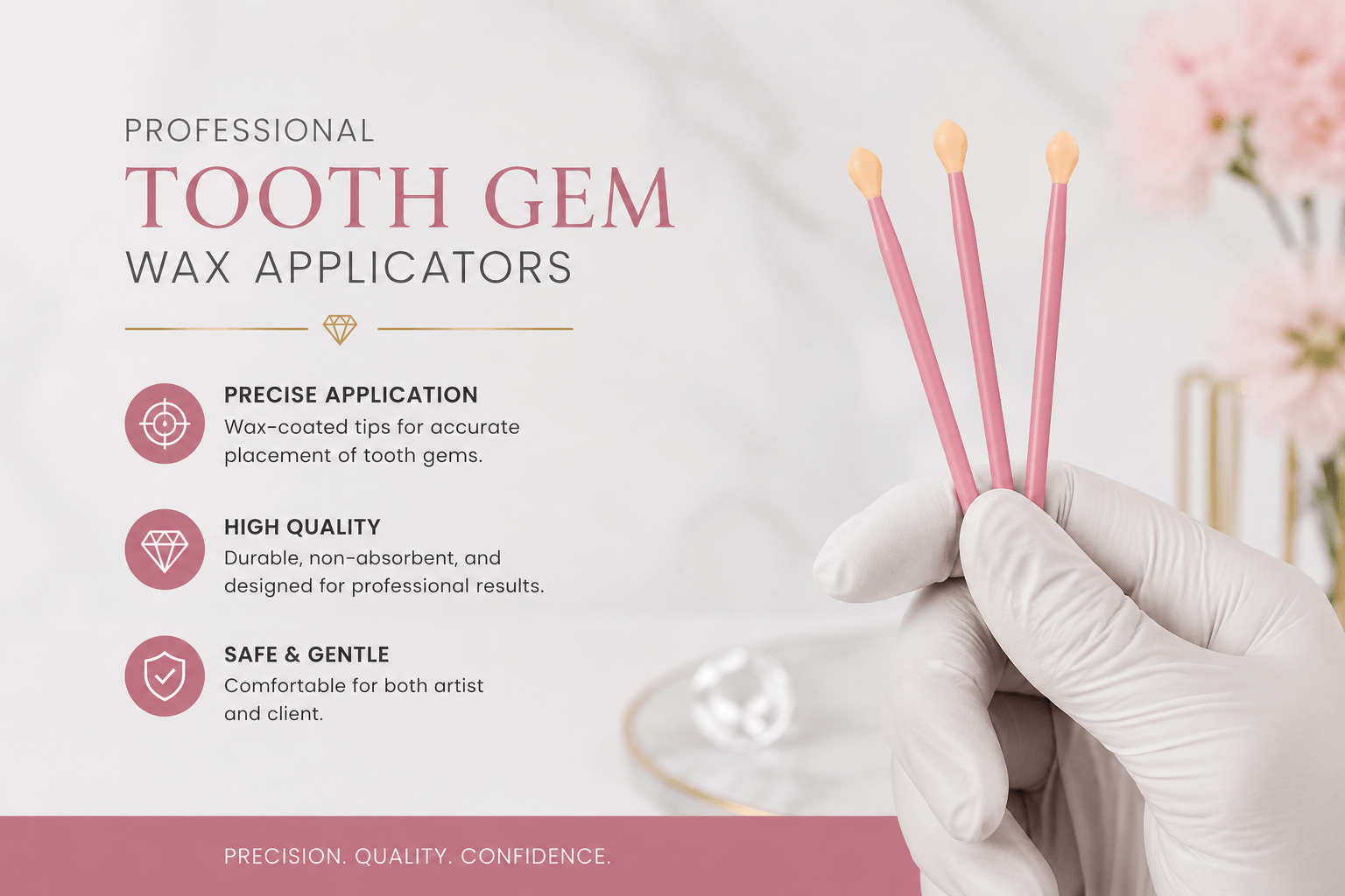Professional LaserGlow tooth gem wax applicators with pink handles and wax-coated tips for precise tooth gem placement.