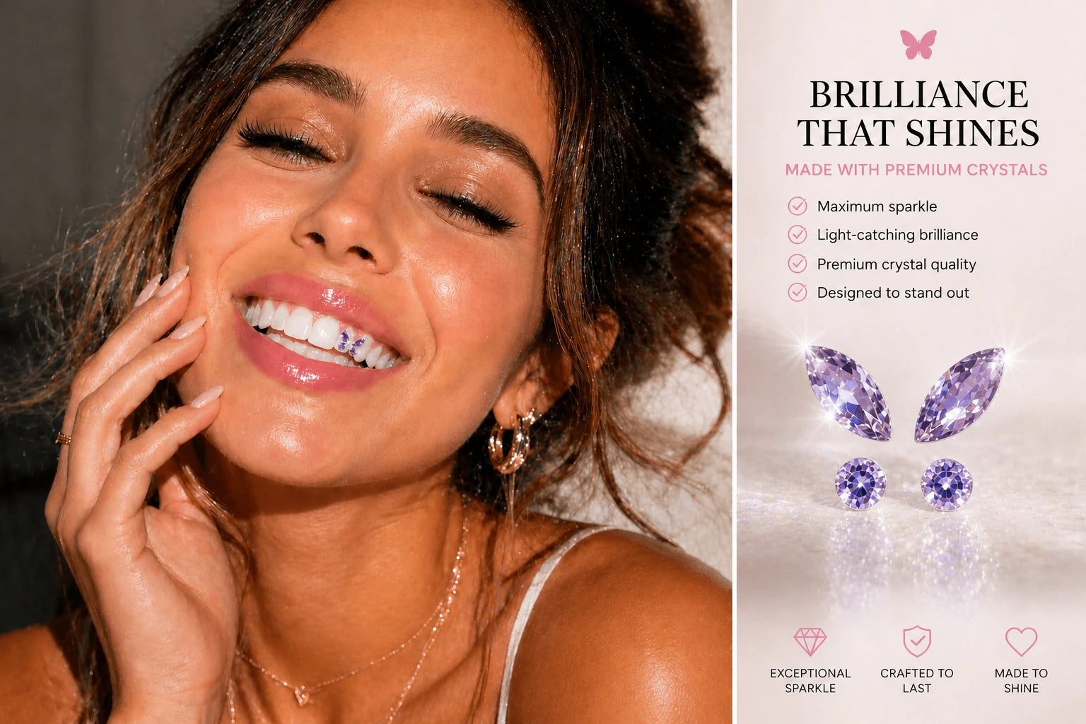 Woman smiling with purple butterfly tooth gems