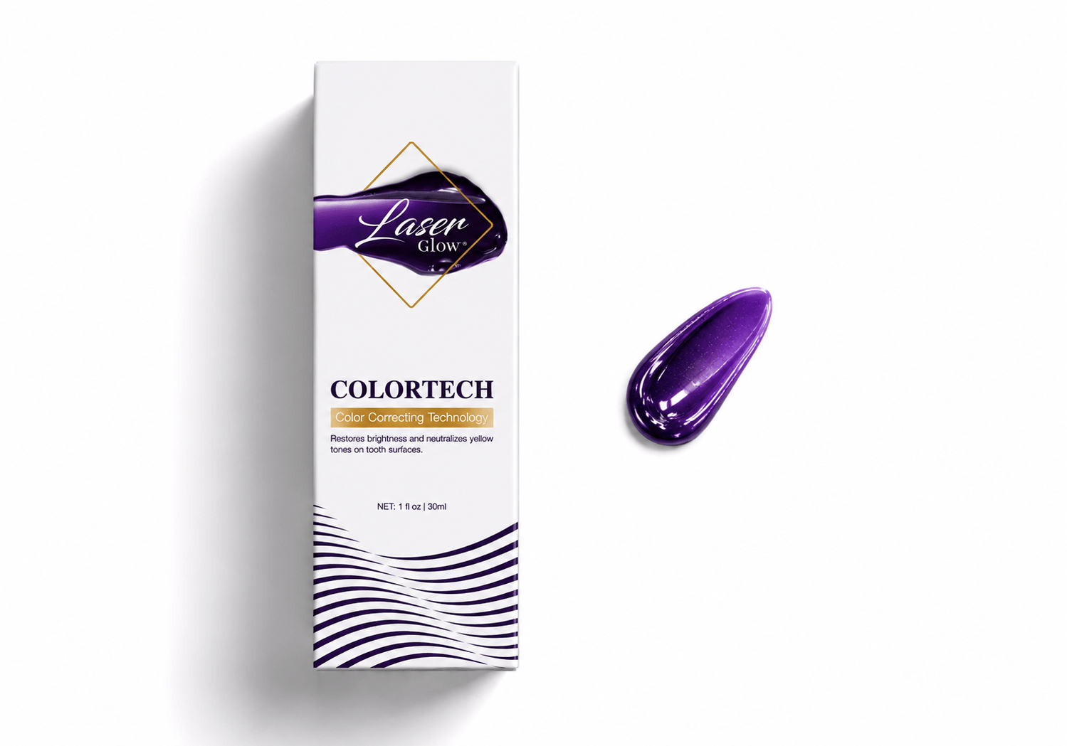 LaserGlow purple serum toothpaste color corrector box with glossy purple gel smear showing color correcting toothpaste texture for yellow tones