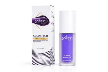 LaserGlow purple serum toothpaste color corrector with frosted bottle and white box packaging for brightening the appearance of teeth and neutralizing yellow tones