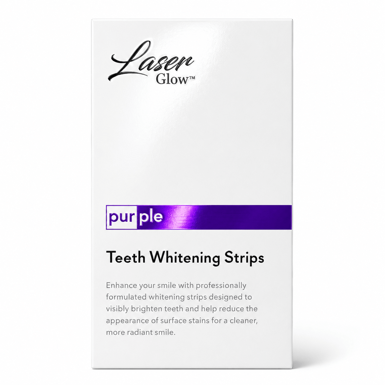 LaserGlow purple PAP teeth whitening strips box for removing surface stains and brightening teeth