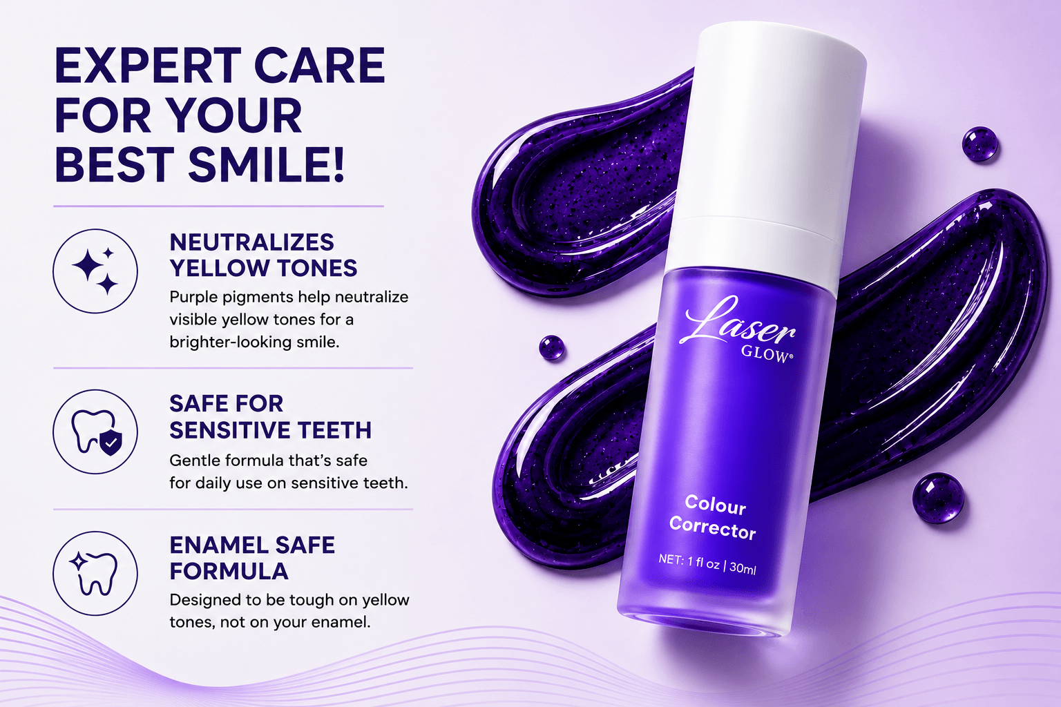LaserGlow Purple Toothpaste Color Corrector with dark purple serum highlighting yellow tone neutralizing and enamel safe benefits