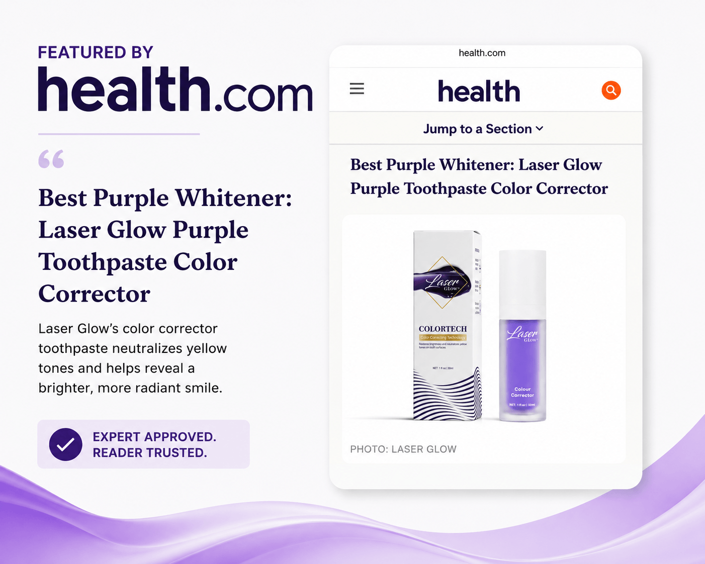 LaserGlow Purple Toothpaste Color Corrector featured by Health.com as best purple whitener