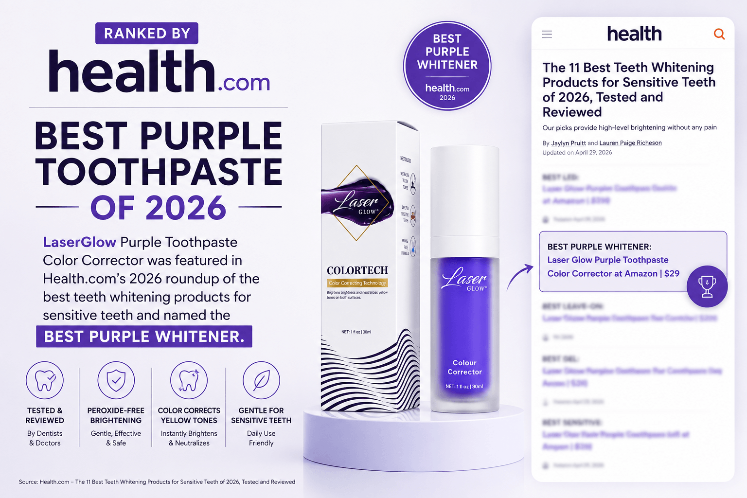 LaserGlow Purple Toothpaste Color Corrector ranked by Health.com as best purple whitener of 2026 with peroxide-free color correcting formula